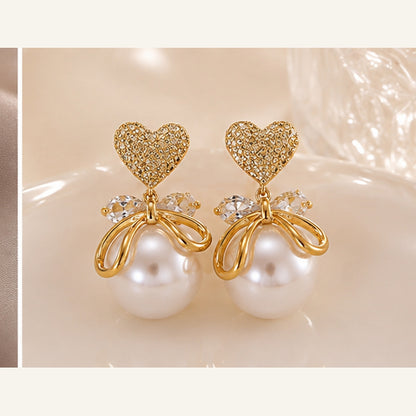 Swarnique Heart Pearl Bow Drop Earrings
