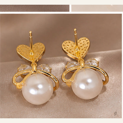 Swarnique Heart Pearl Bow Drop Earrings